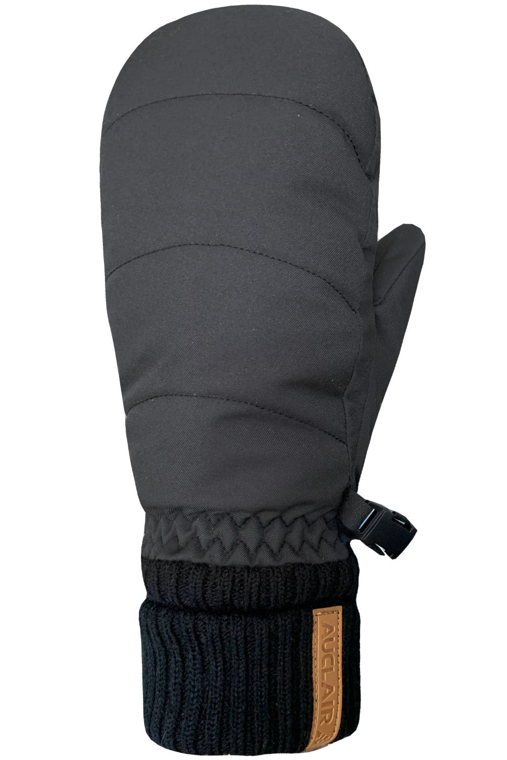 Dark gray winter mitten with a brand logo on a white background