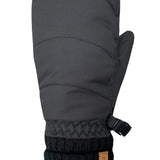 Dark gray winter mitten with a brand logo on a white background