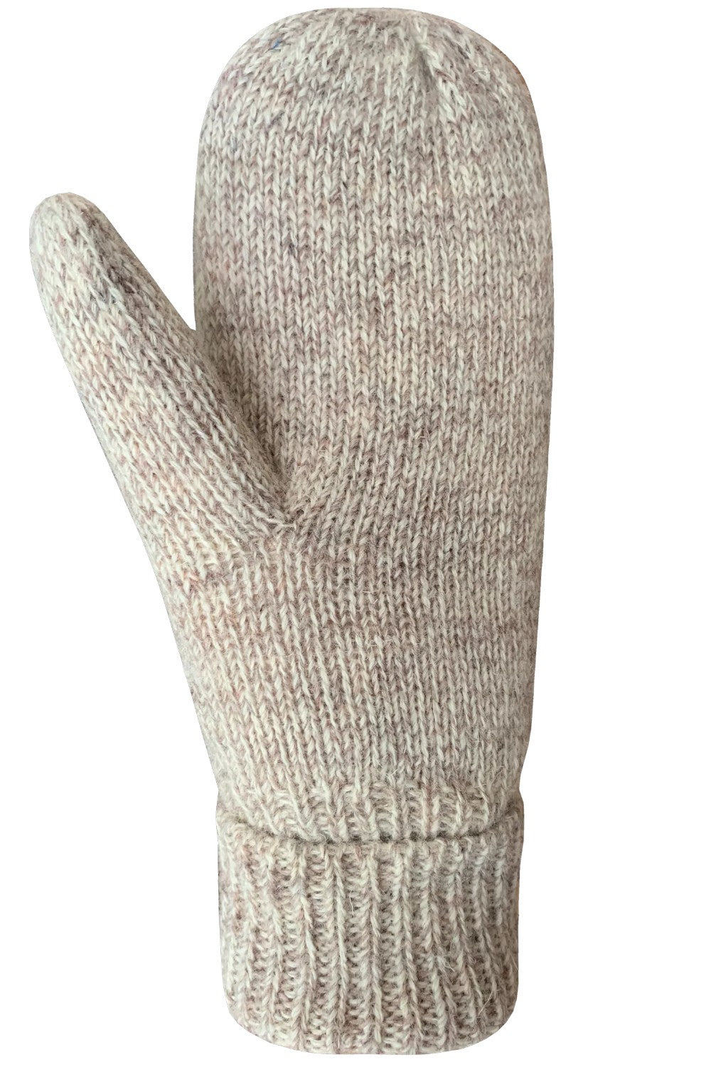Knitted beige mitten on a white background