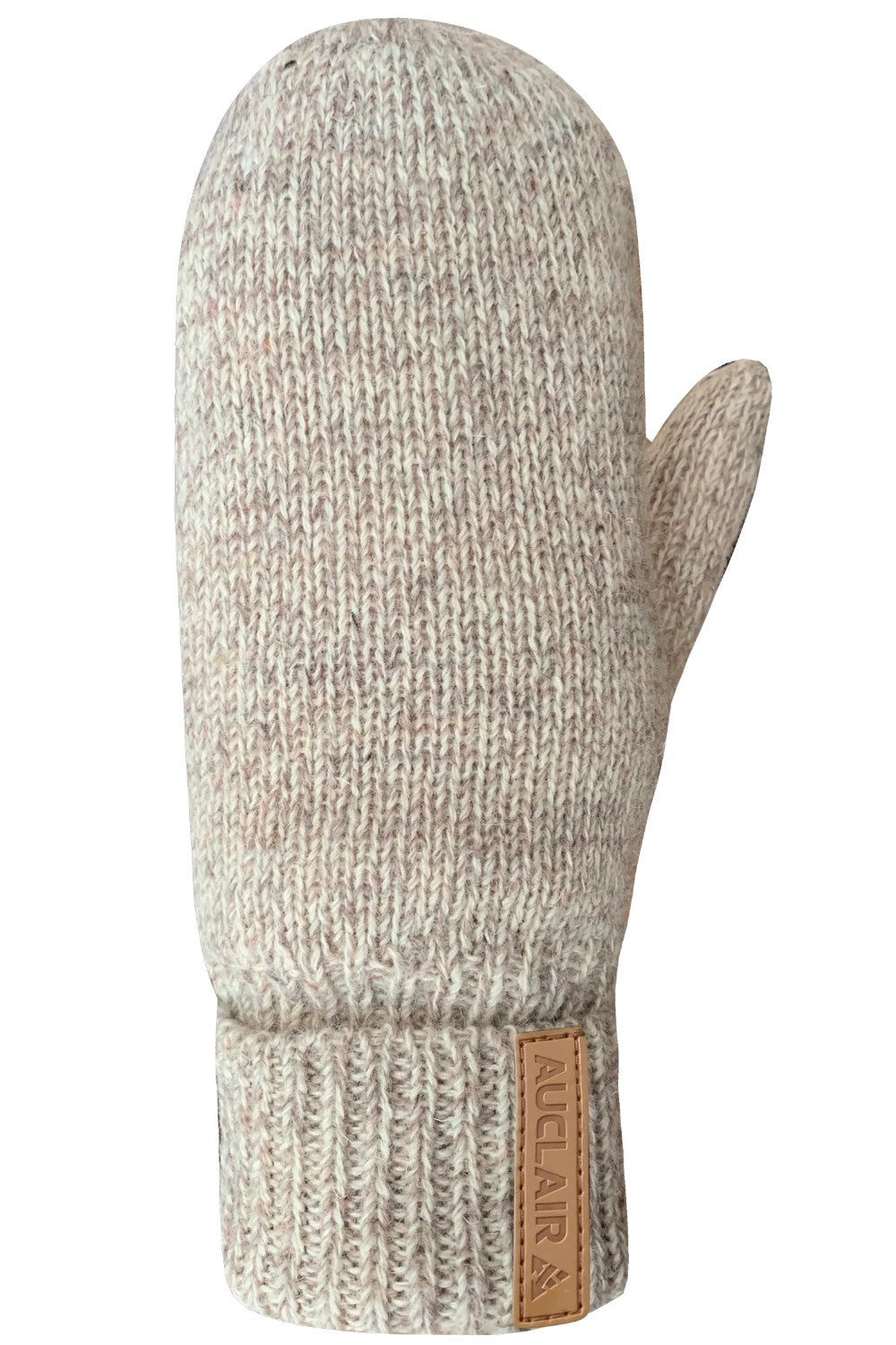Knitted gray mitten with a brand label on a white background