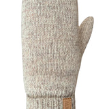 Knitted gray mitten with a brand label on a white background