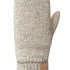 Knitted gray mitten with a brand label on a white background