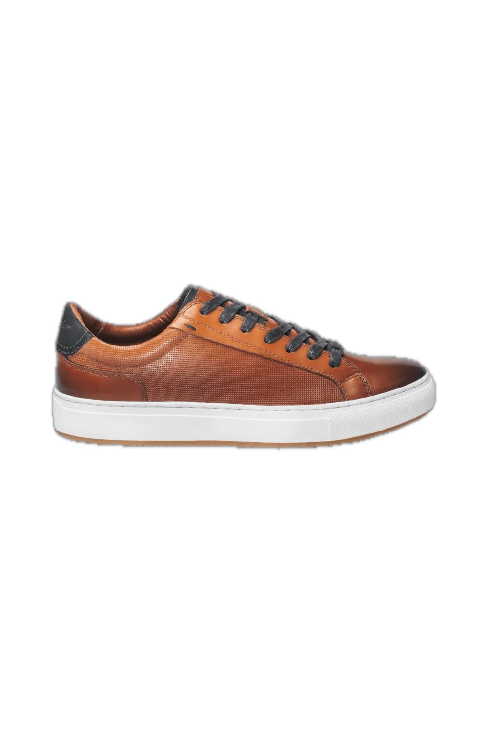 This cognac leather sneaker features a sleek design complemented by stylish white trim, making it a versatile addition to any wardrobe. Made from high-quality materials, it offers both durability and comfort, ideal for casual outings or everyday wear. The combination of classic black and crisp white ensures a modern aesthetic, while the sneaker's lightweight construction offers ease of movement. Perfect for those seeking a blend of fashion and functionality.