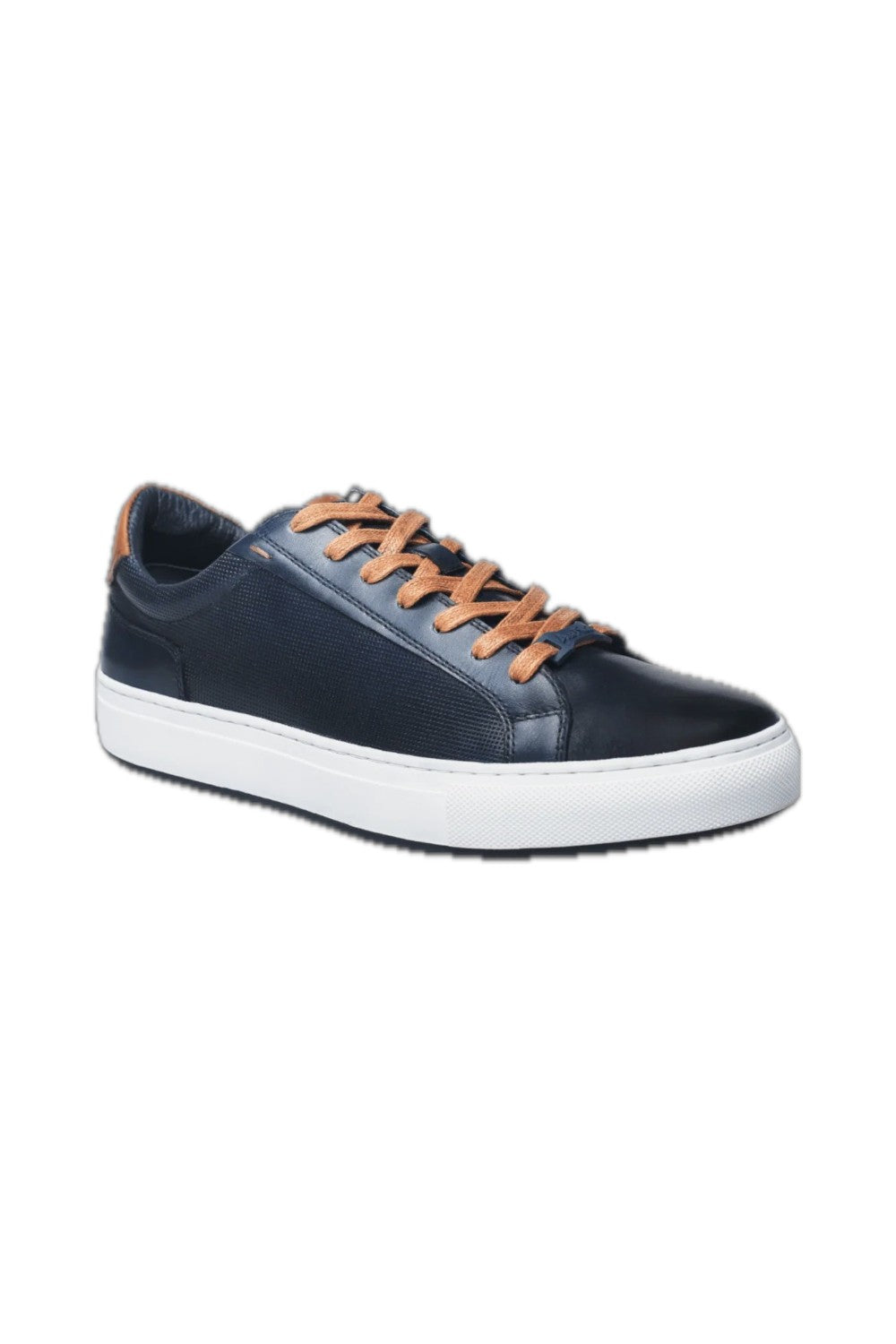 This navy blue leather sneaker features a sleek design complemented by stylish white trim, making it a versatile addition to any wardrobe. Made from high-quality materials, it offers both durability and comfort, ideal for casual outings or everyday wear. The combination of classic black and crisp white ensures a modern aesthetic, while the sneaker's lightweight construction offers ease of movement. Perfect for those seeking a blend of fashion and functionality.