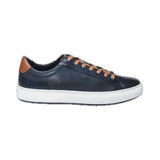 This navy blue leather sneaker features a sleek design complemented by stylish white trim, making it a versatile addition to any wardrobe. Made from high-quality materials, it offers both durability and comfort, ideal for casual outings or everyday wear. The combination of classic black and crisp white ensures a modern aesthetic, while the sneaker's lightweight construction offers ease of movement. Perfect for those seeking a blend of fashion and functionality.