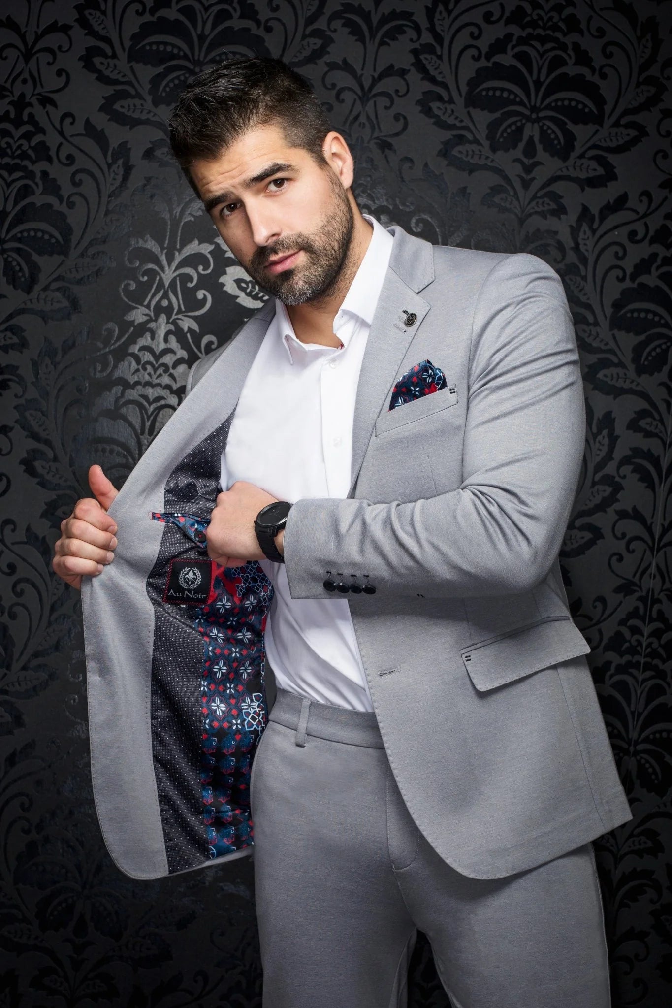 Blazer Fashionable and stretchy for men. Stand out with our sophisticated details and patterned lining. Comfortable with a premium fabric blend offering confidence and freedom of movement.