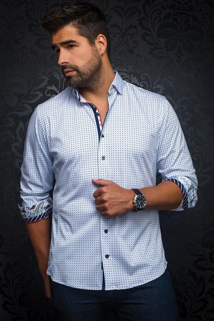 Men's casual dress shirt. Stand out with contrasting patterns and sophisticated details. Comfortable with high-end stretch cotton fabric.
