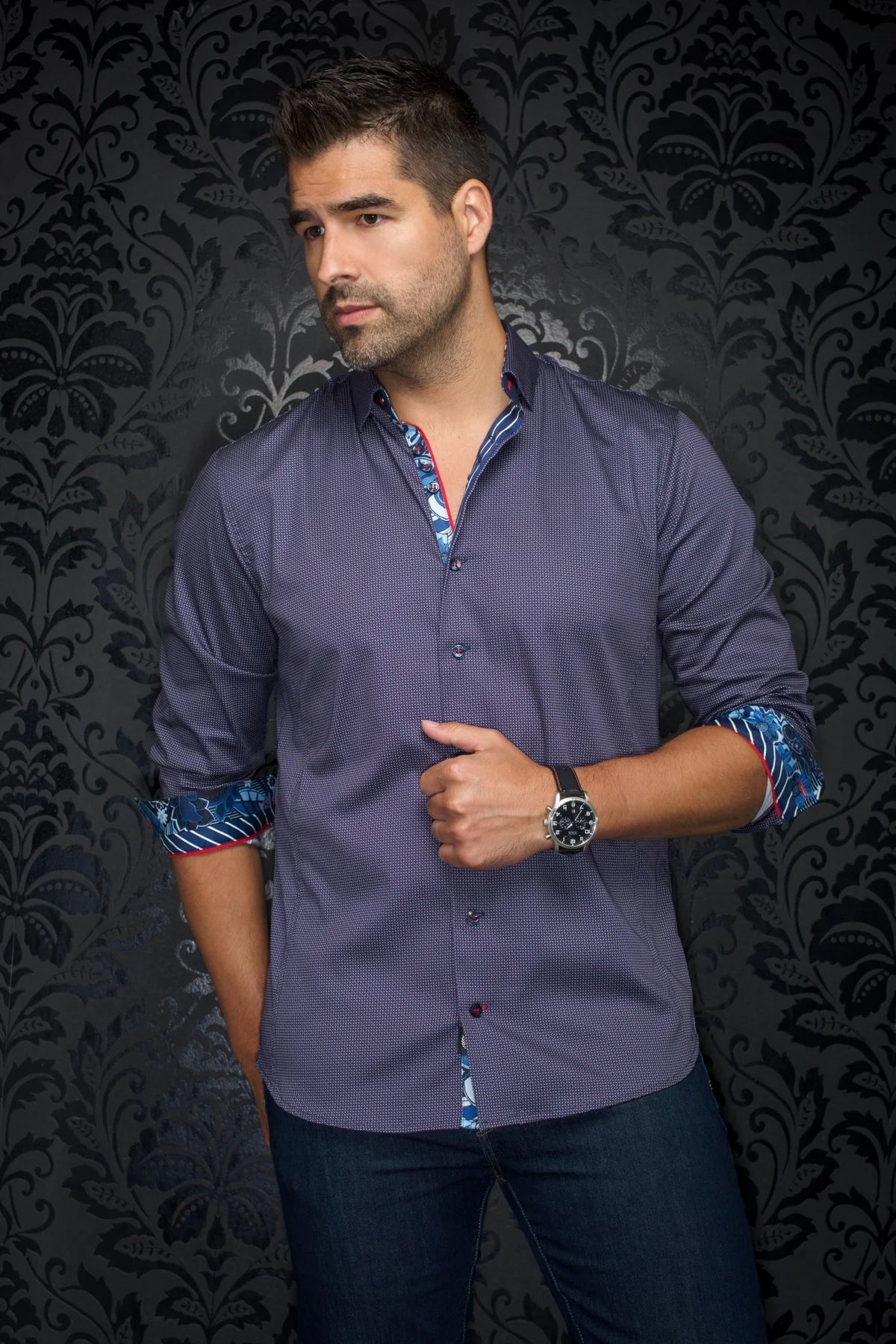 Men's casual dress shirt. Stand out with contrasting patterns and sophisticated details. Comfortable with high-end cotton fabric. 