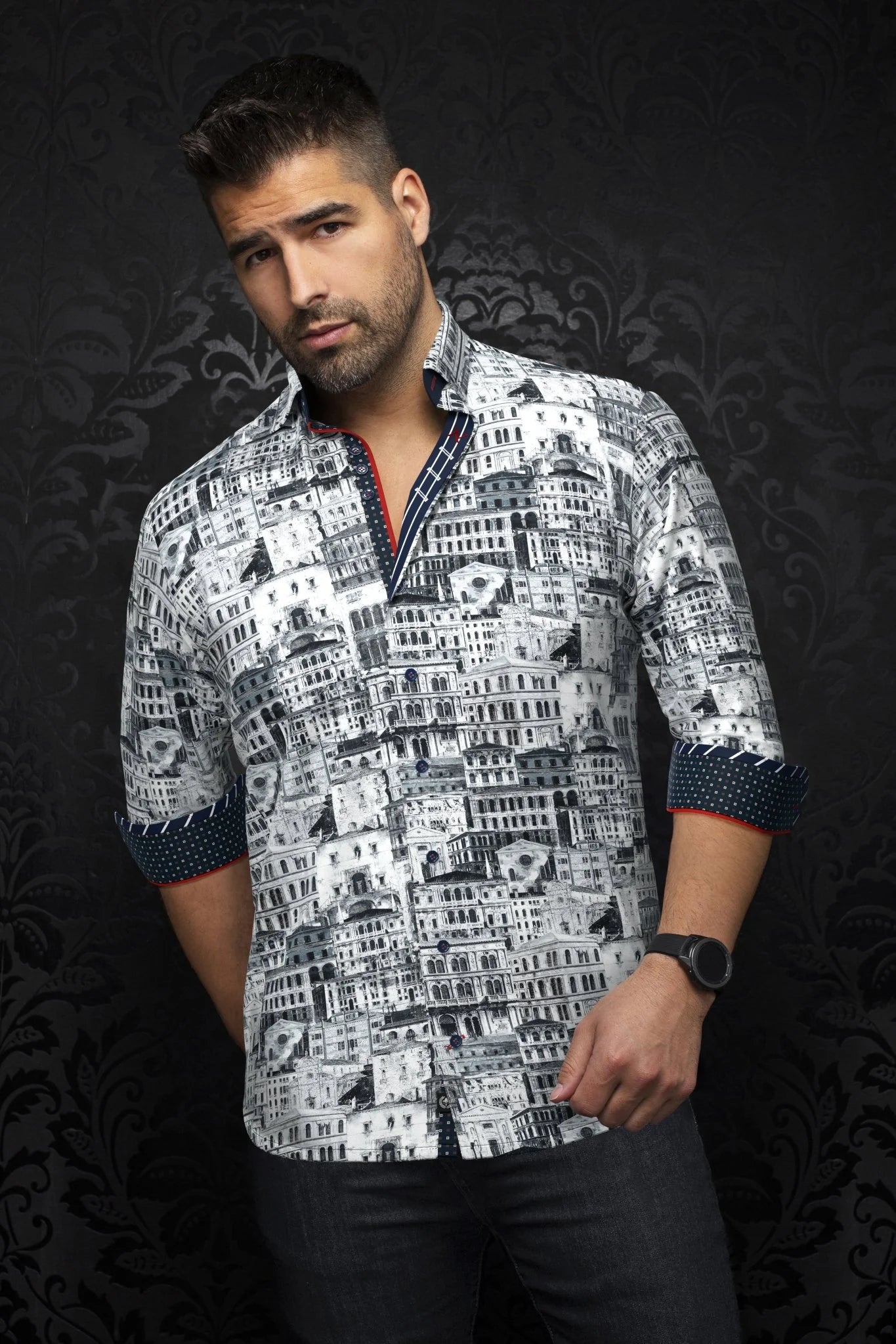 This is a collection of comfortable, performance stretch, fashionable dressy and casual shirts. Stand out from the crowd, thanks to Au Noirs cleaver use of contrasting patterns and sophisticated details. Comfortable with a high quality, performance stretch cotton fabric.