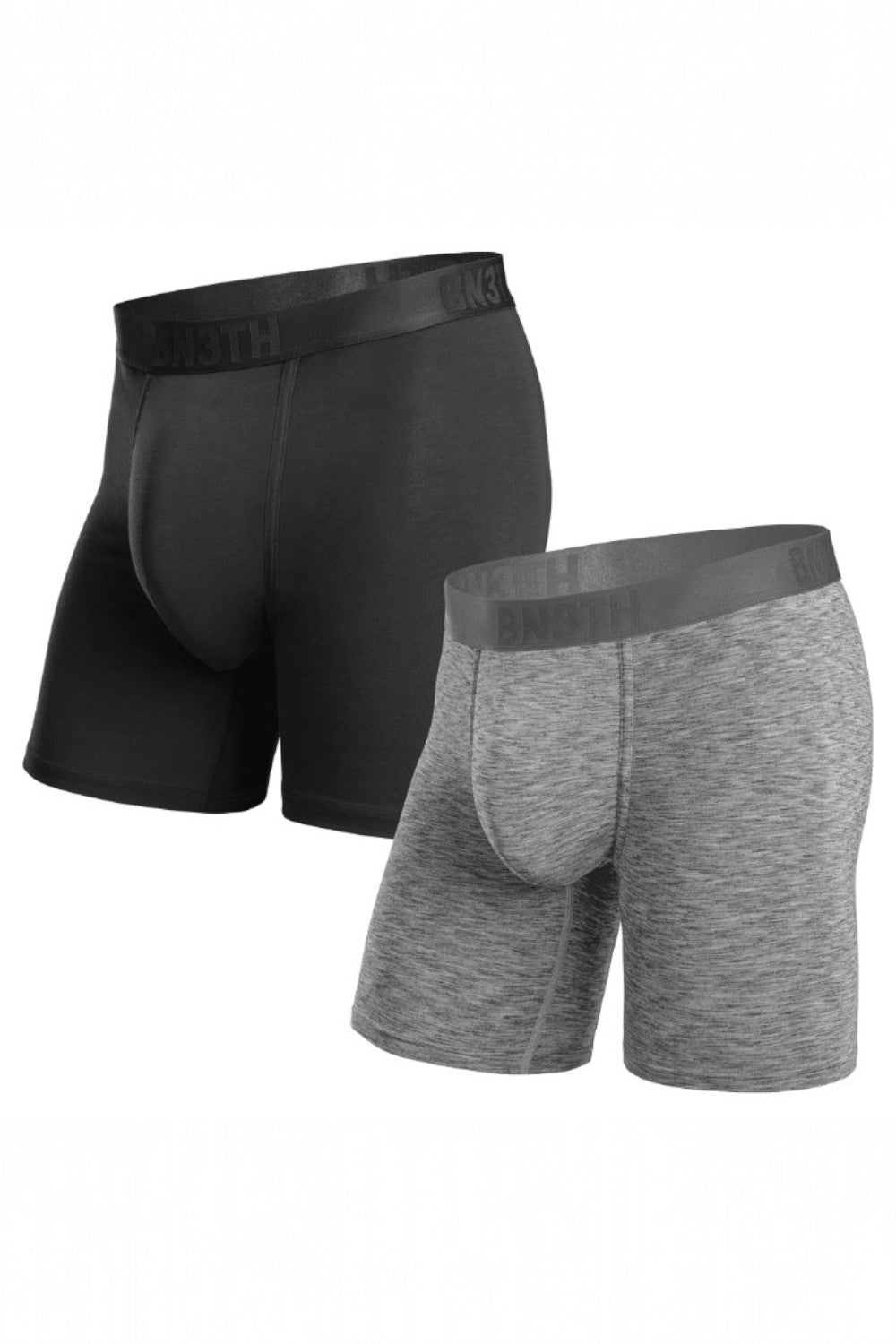 Two pairs of men's underwear, one black and one gray, on a white background.