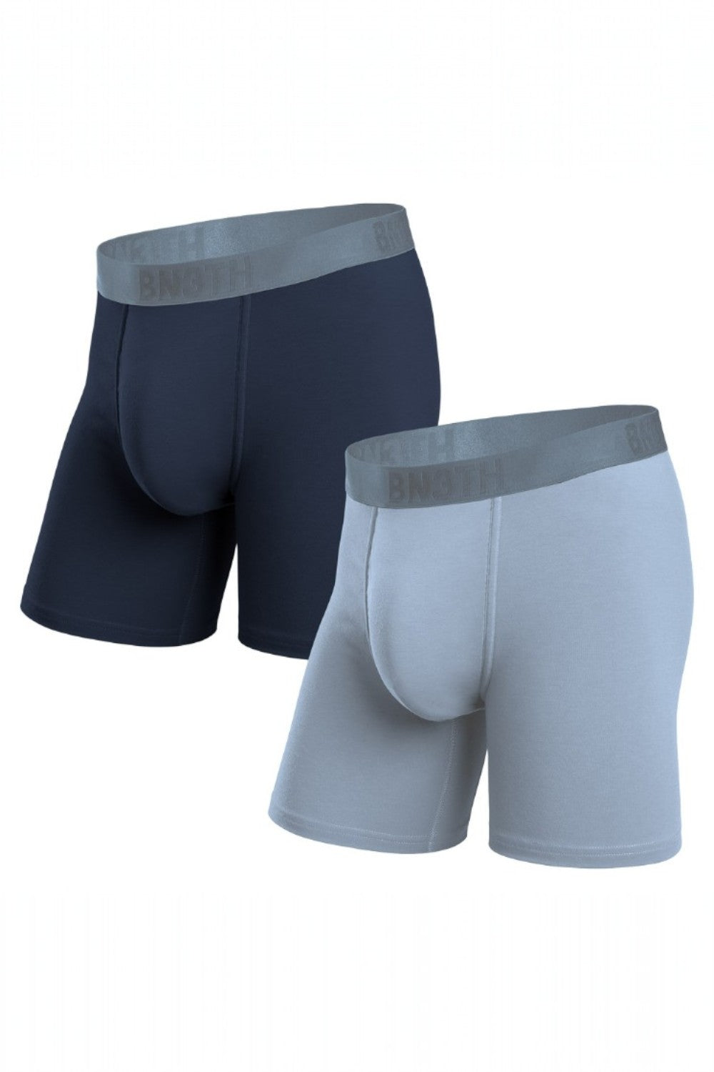 Two pairs of men's boxer briefs, one navy and one gray, on a white background.