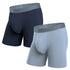 Two pairs of men's boxer briefs, one navy and one gray, on a white background.