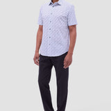 The Miles OoohCotton short-sleeve shirt in toucan print features a point collar, mother-of-pearl buttons, and a curved hem for a sleek tucked or untucked look. OoohCotton is a performance, double-mercerized, wrinkle-resistant, breathable, and easy-care cotton blend with 8-way stretch, quick-dry, and thermal comfort properties.