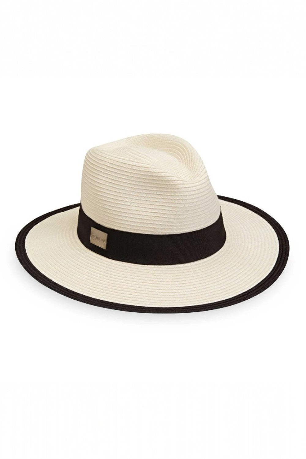 Light hat with black band on a white background
