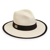 Light hat with black band on a white background