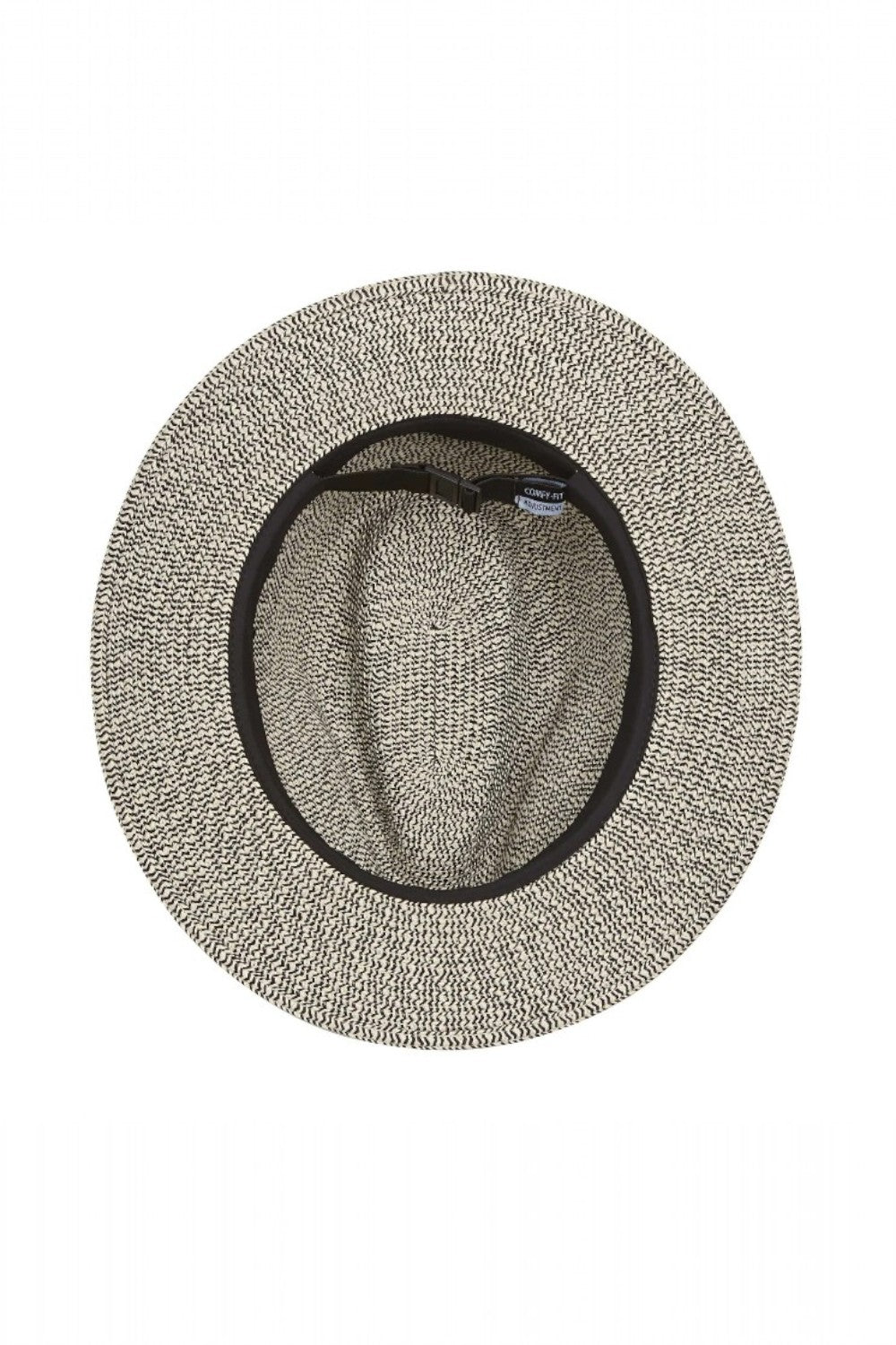 Woven hat with a black band on a white background
