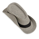 Gray hat with a black band on a white background