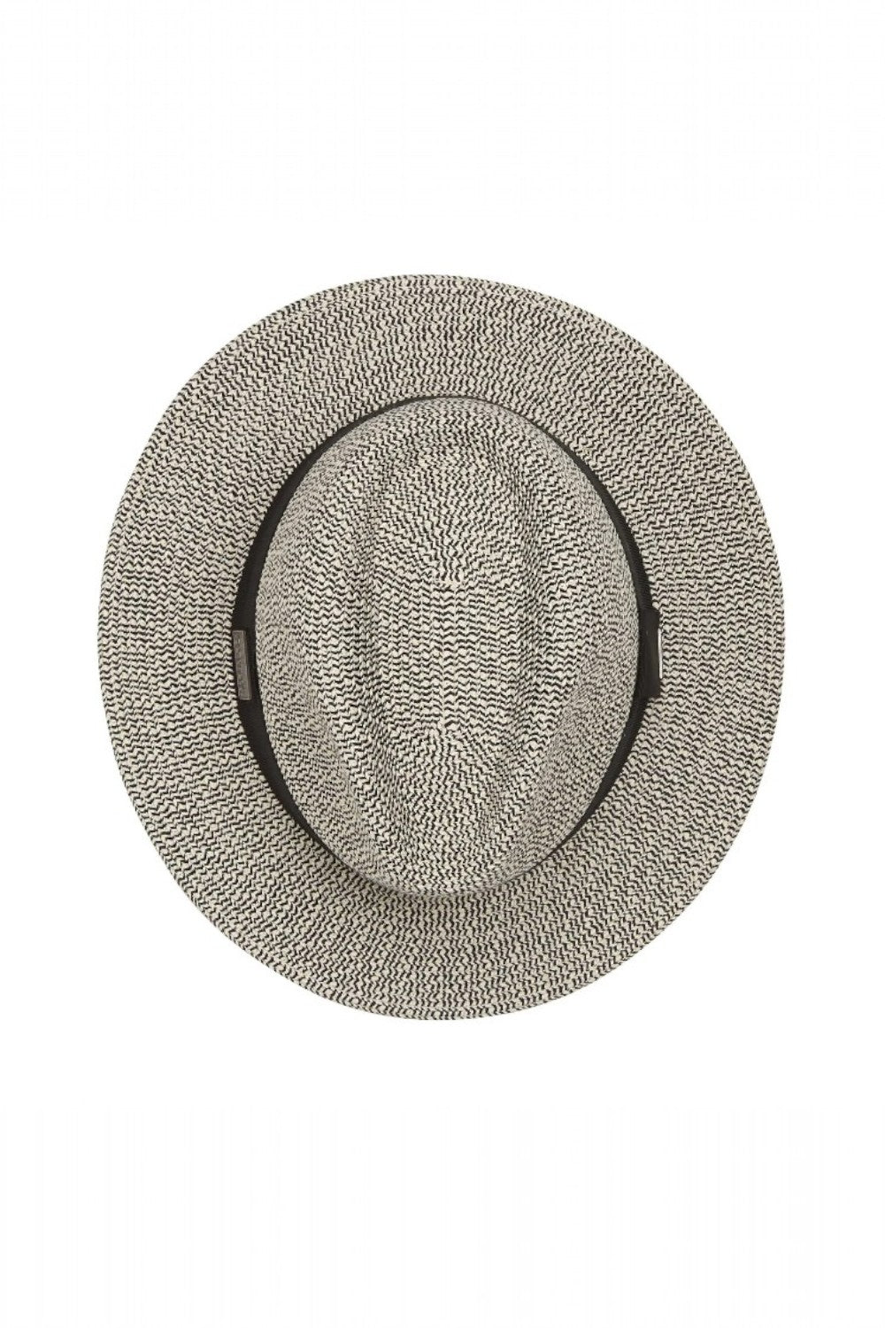 Woven hat with black band on a white background