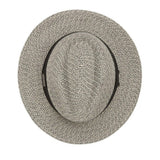Woven hat with black band on a white background