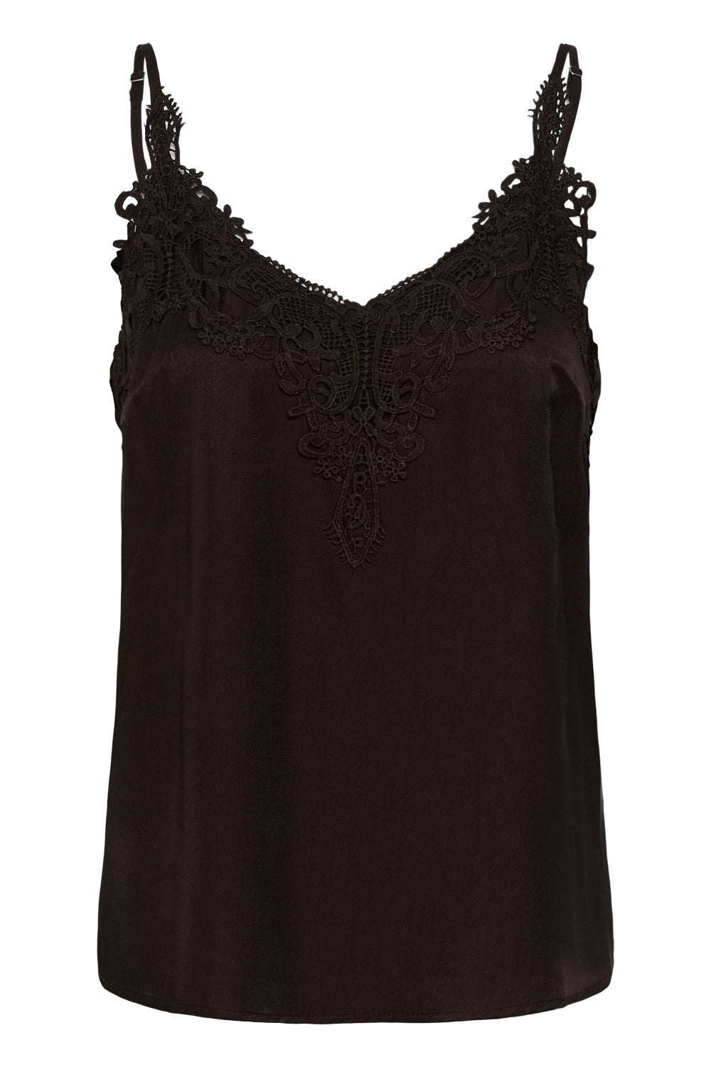 Brown lace-trimmed camisole on a white background