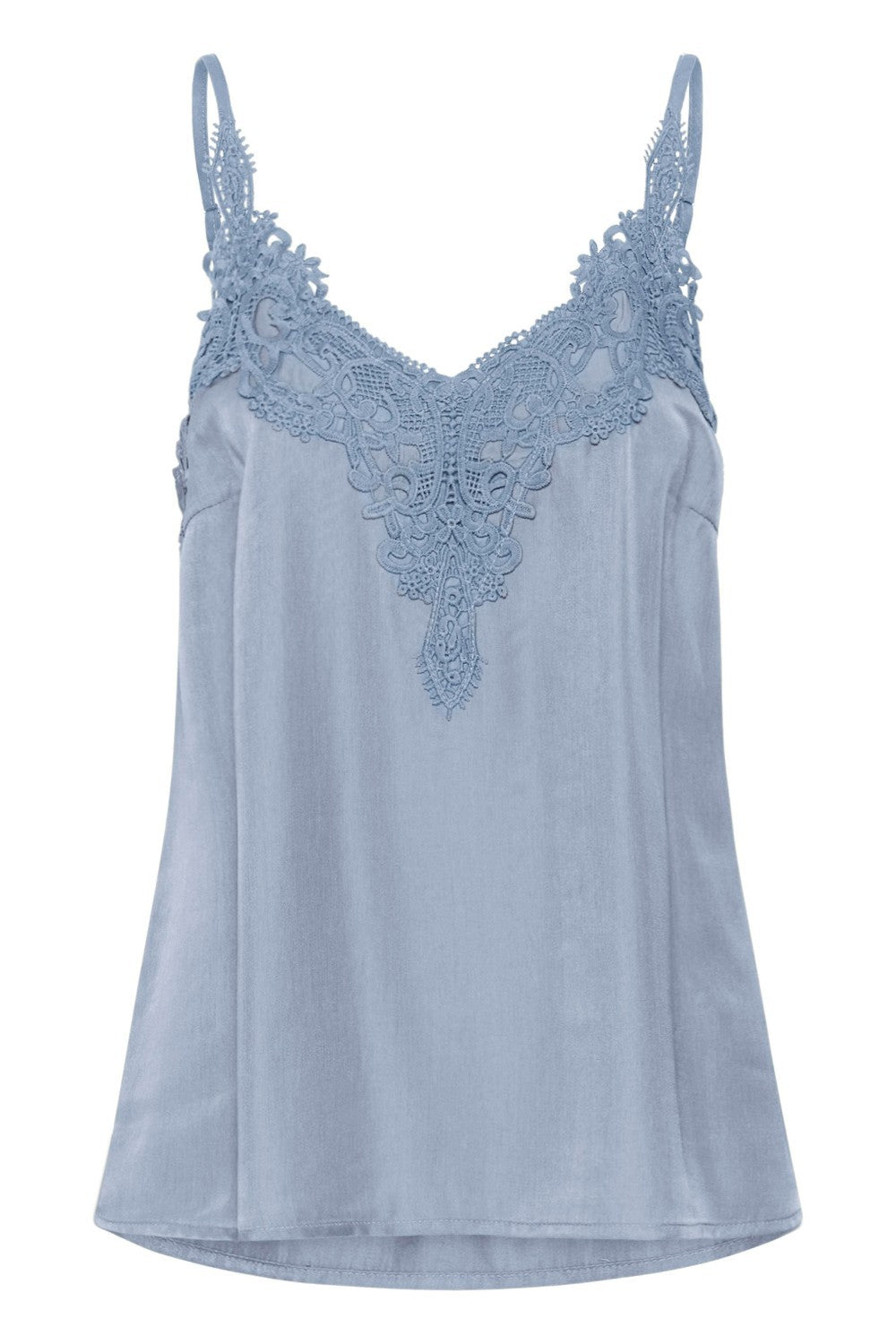 A light blue sleeveless top with lace details on a white background