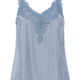 A light blue sleeveless top with lace details on a white background