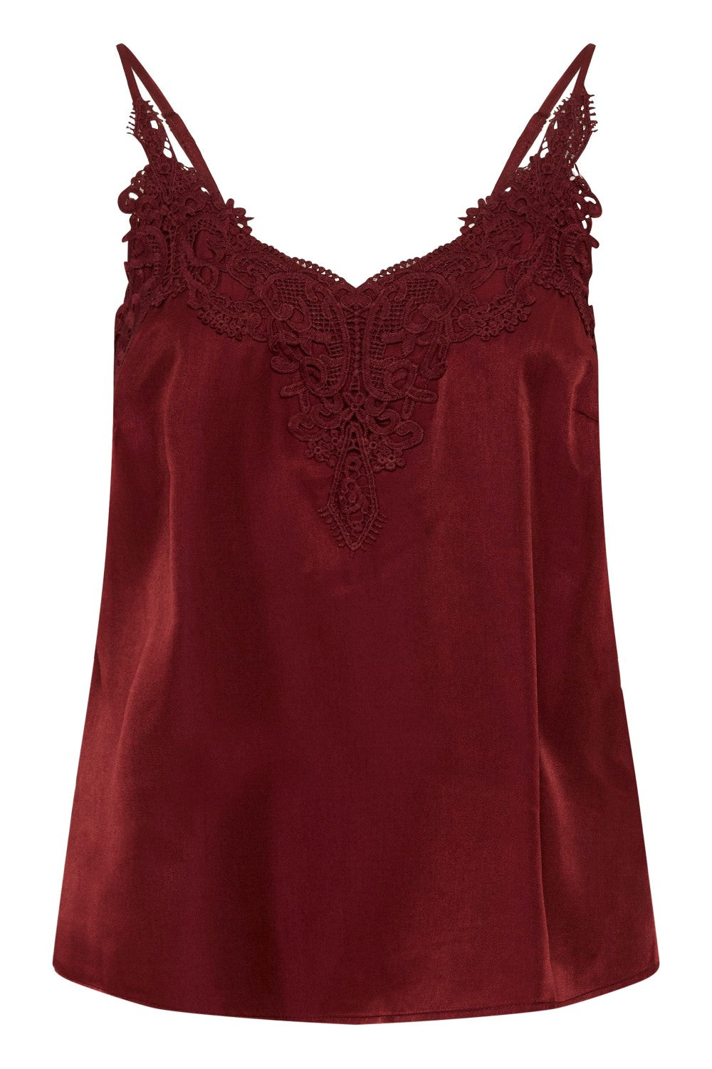 Red lace-trimmed camisole on a white background