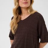 Woman wearing a brown sweater against a white background