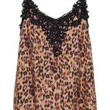 Leopard print camisole with black lace details on a white background