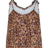 Leopard print camisole with lace trim on a white background