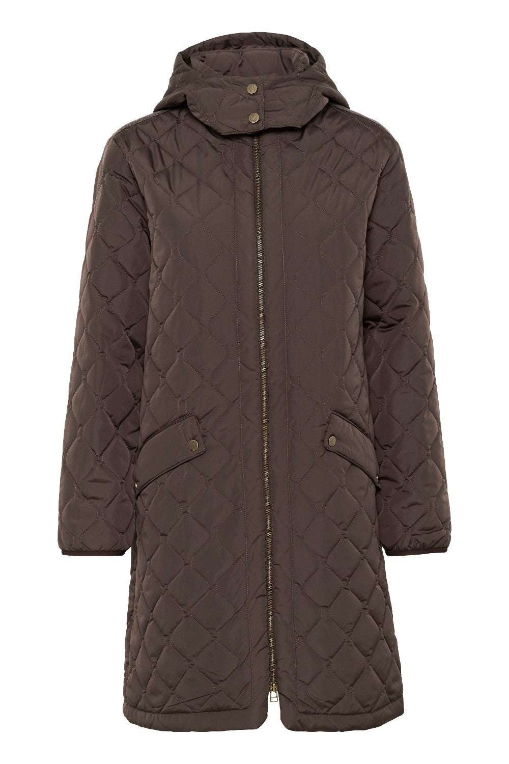 Quilted brown coat with a hood on a white background