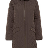 Quilted brown coat with a hood on a white background