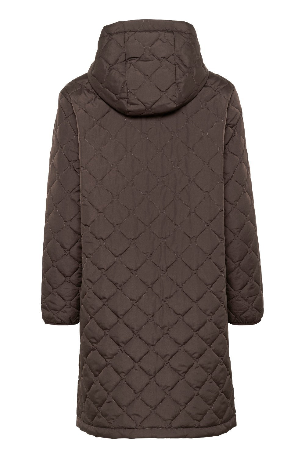 Quilted brown coat with a hood on a white background