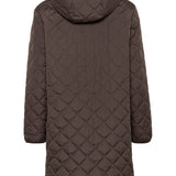 Quilted brown coat with a hood on a white background