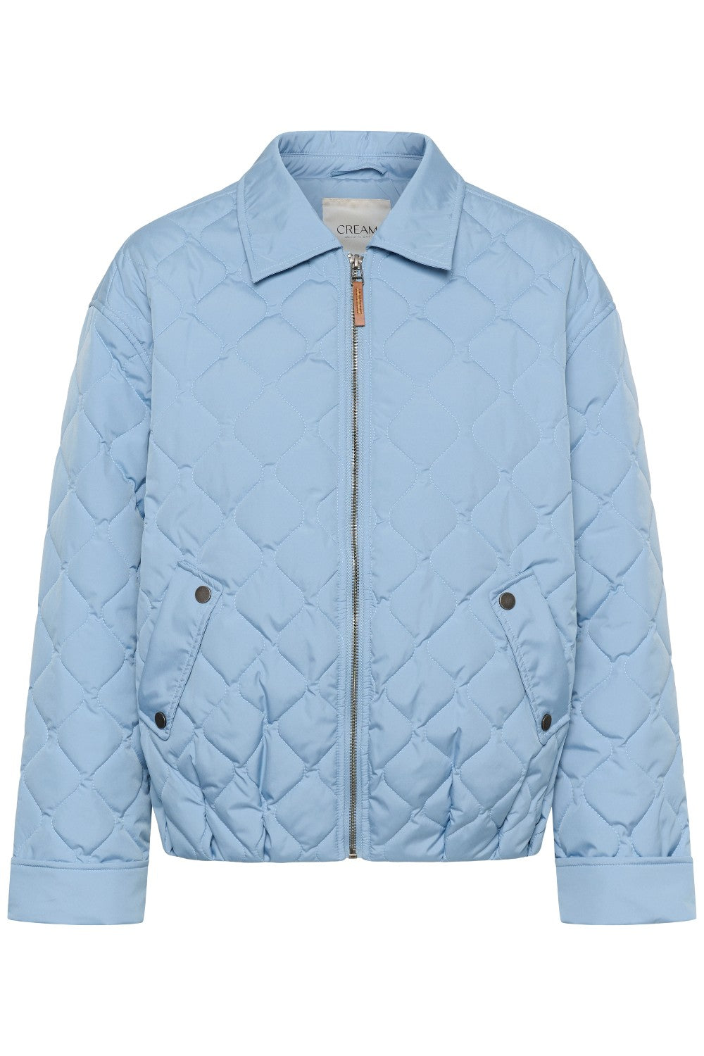 Light blue quilted jacket on a white background