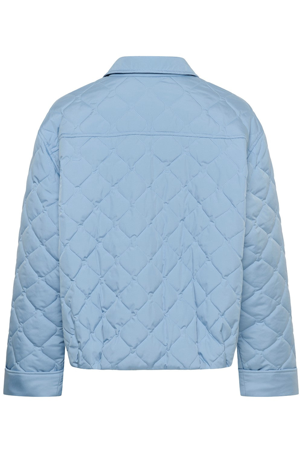 Light blue quilted jacket on a white background