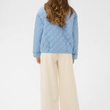 Person wearing a blue quilted jacket and beige pants on a white background