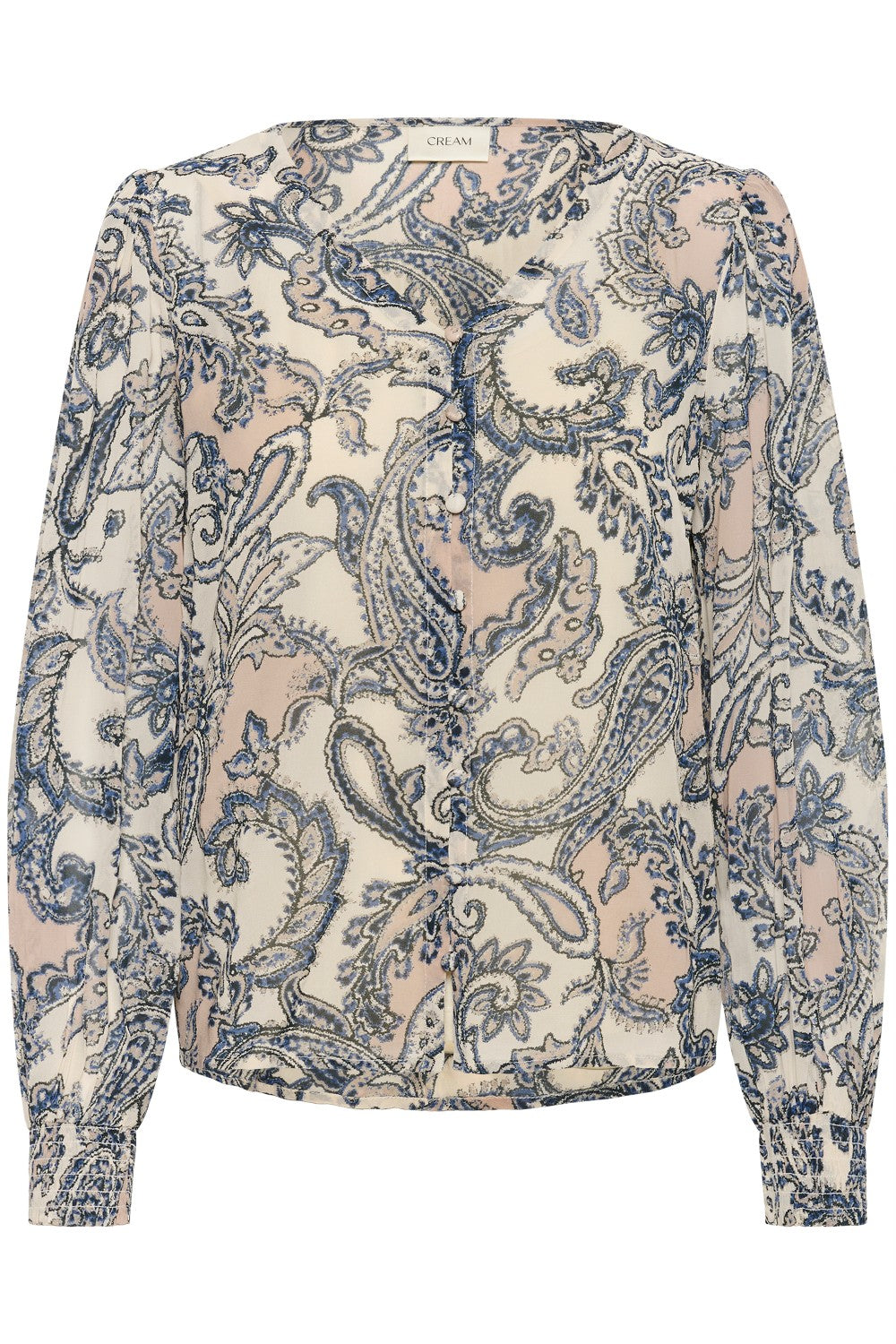 Patterned blouse with long sleeves on a white background