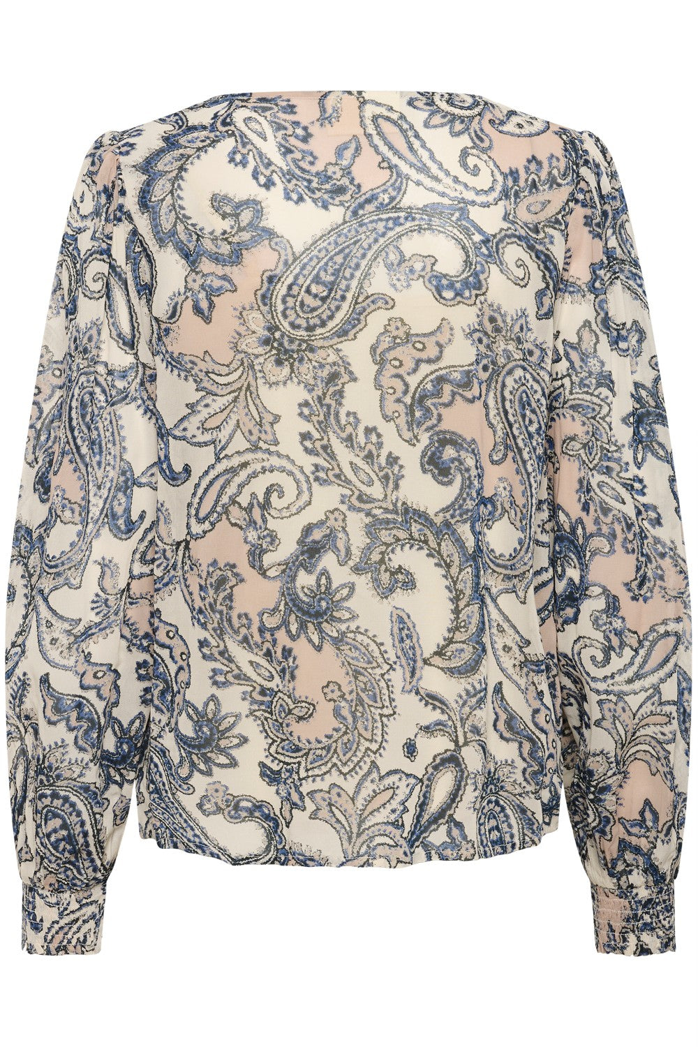 Long-sleeve top with a blue and beige paisley pattern on a white background