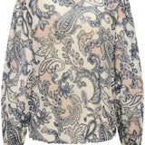 Long-sleeve top with a blue and beige paisley pattern on a white background