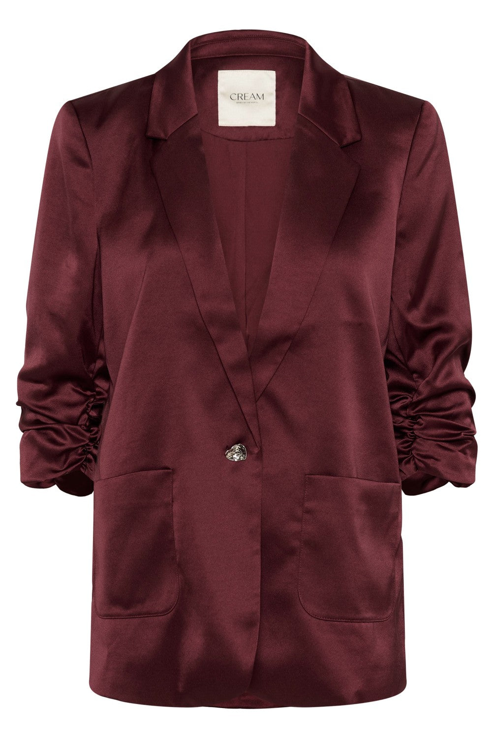 Maroon blazer with a brand label on a white background