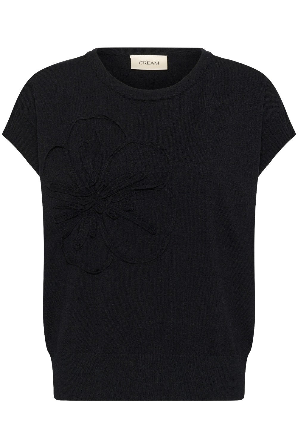 Black t-shirt with a flower design on a white background