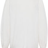 White blouse with lace details on cuffs and hem against a white background