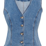 Elevate your outfit with our Cream Fatima Denim Waistcoat! Made of high-quality denim, this vest adds a touch of style and sophistication. Perfect to wear on it's own, or as a layering piece. Get ready to make a statement with this must-have!