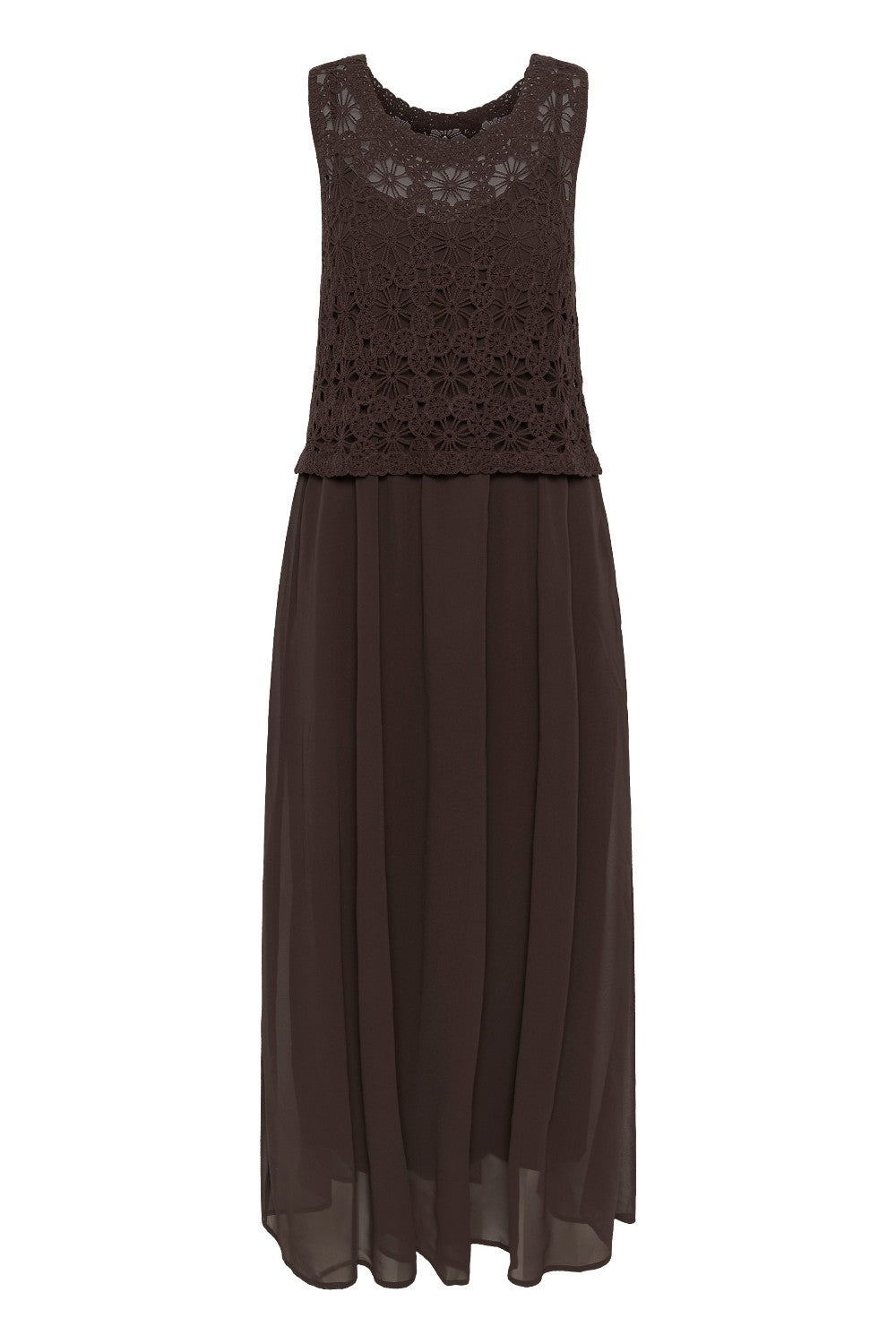 Dark brown dress with crochet top on a white background