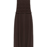 Dark brown dress with crochet top on a white background