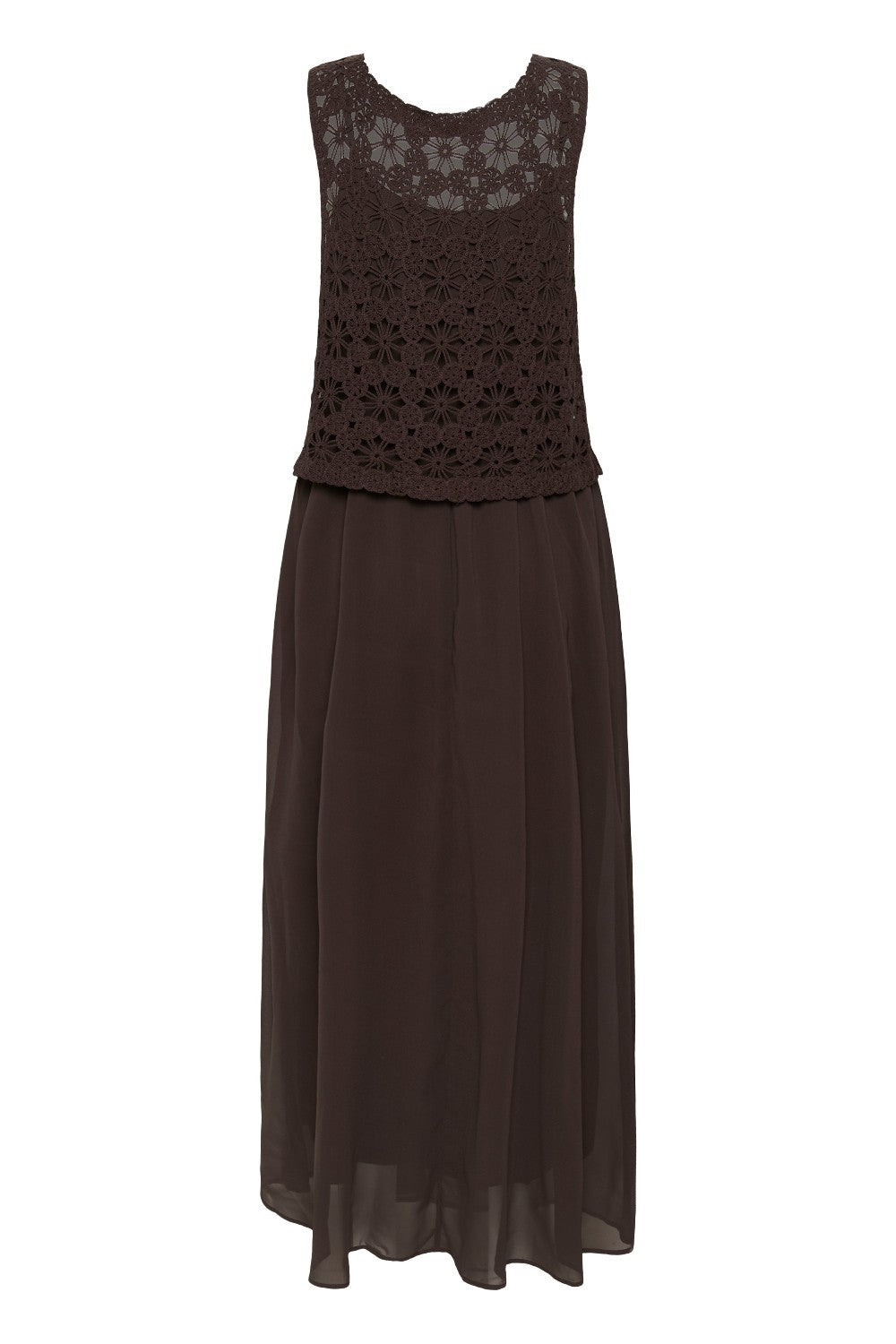 Brown dress with floral crochet top on a white background