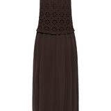 Brown dress with floral crochet top on a white background