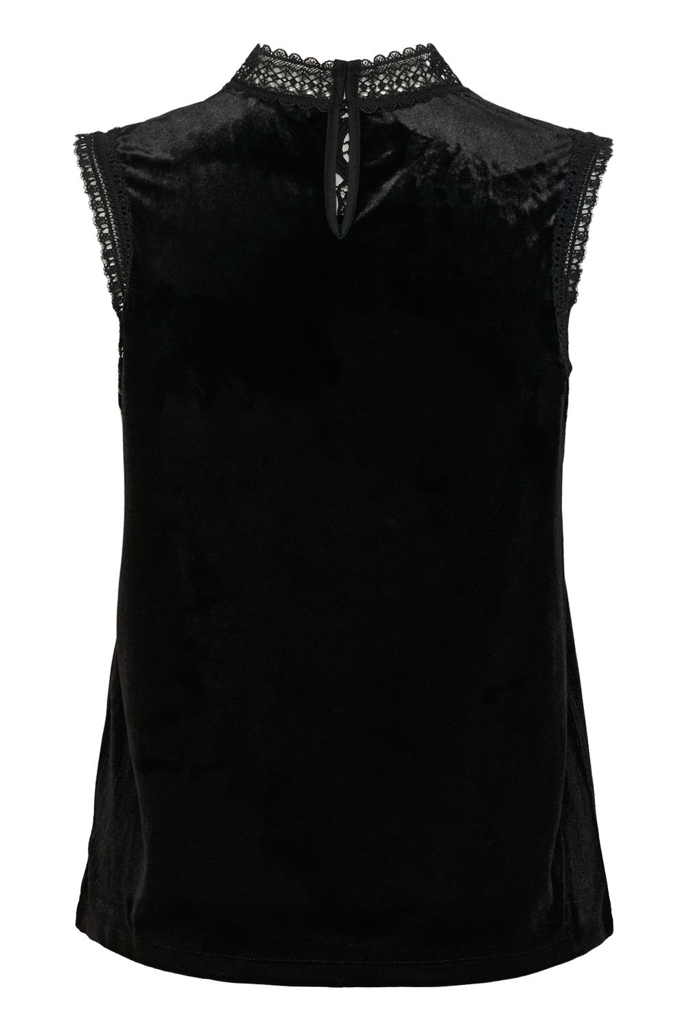 Black sleeveless top with lace detailing on a white background