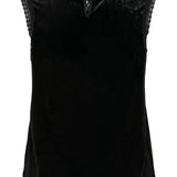 Black sleeveless top with lace detailing on a white background